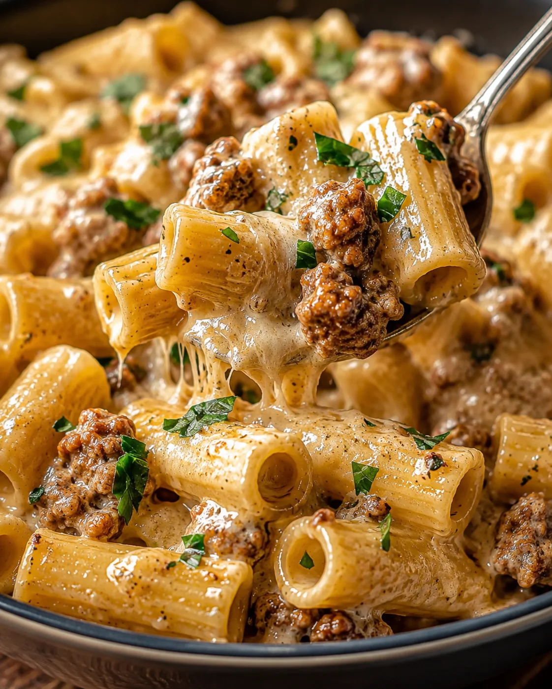 Close-up of creamy sausage rigatoni garnished with herbs in a skillet