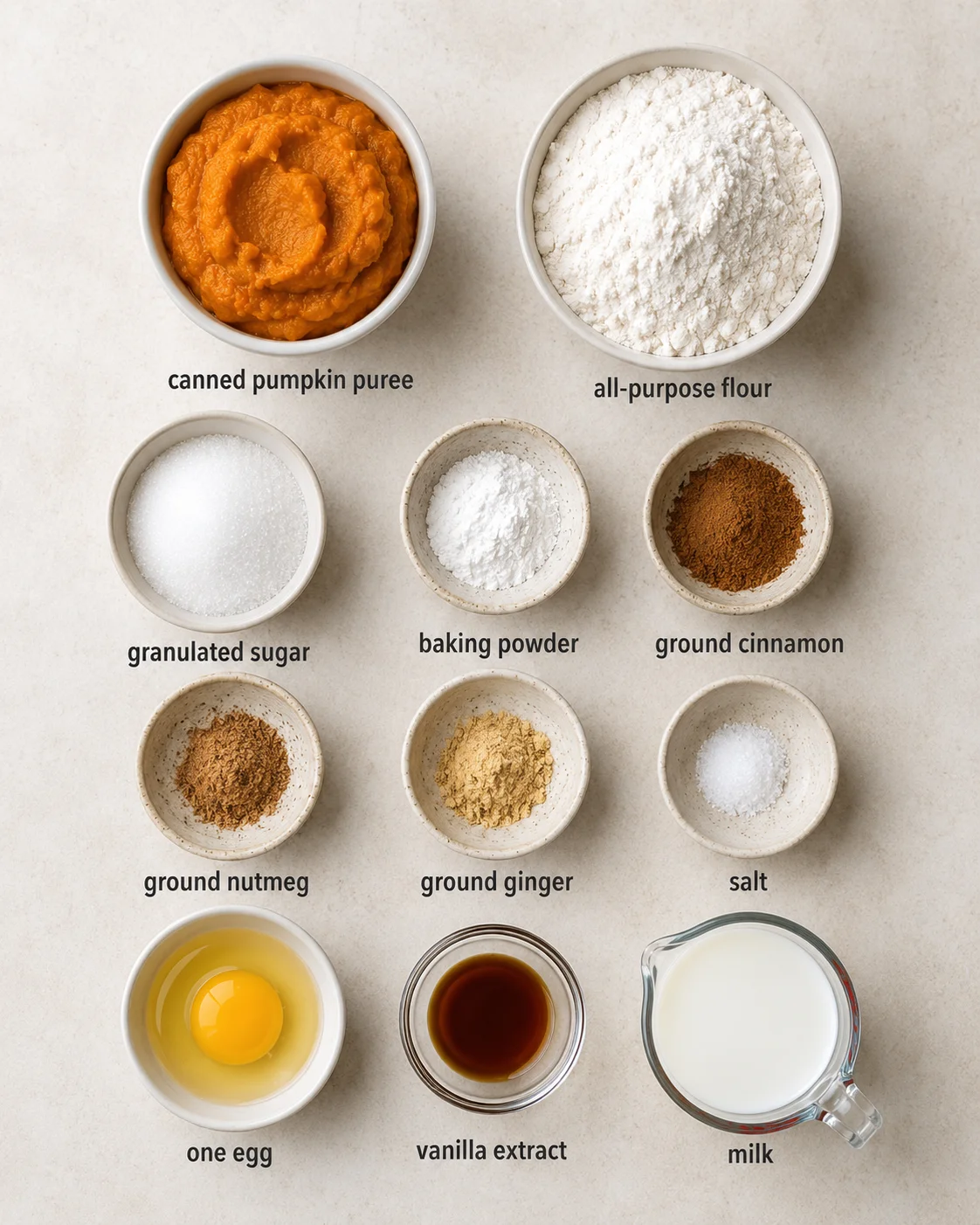 Ingredients for baked pumpkin fritter bites including pumpkin puree, flour, and spices.