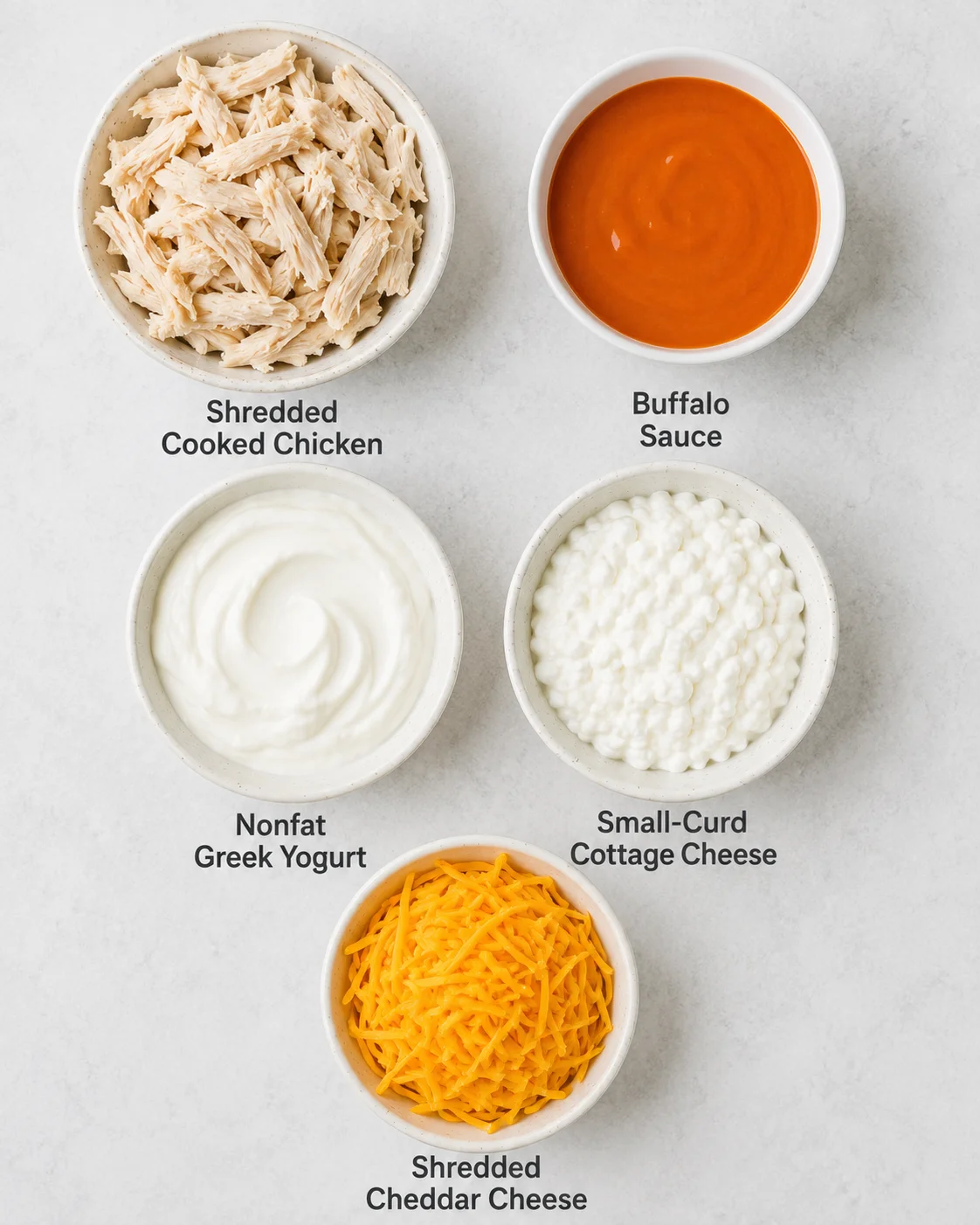 Ingredients for healthy buffalo chicken dip including shredded chicken, buffalo sauce, Greek yogurt, cottage cheese, and shredded cheddar.