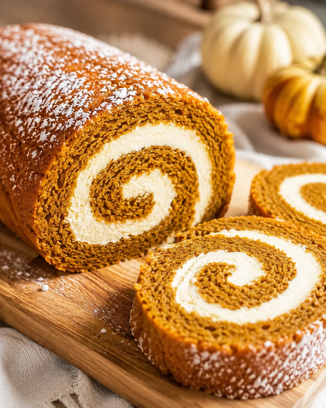 Close-up of a sliced pumpkin roll with cream cheese filling on a wooden board.