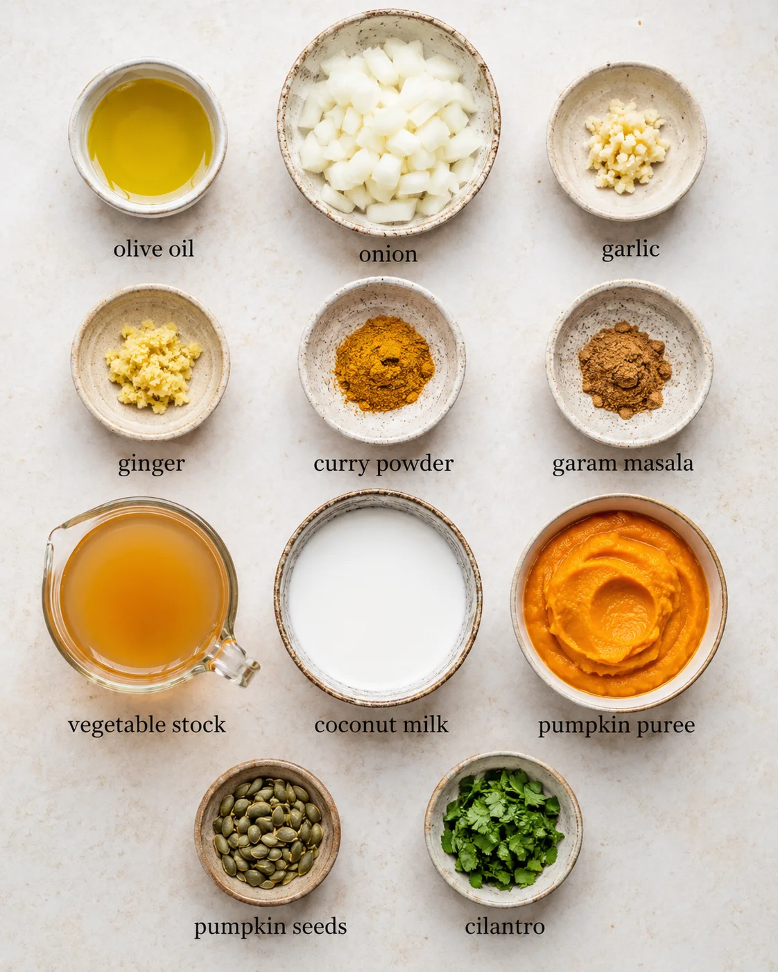 Arrangement of ingredients for pumpkin curry soup on a light background.
