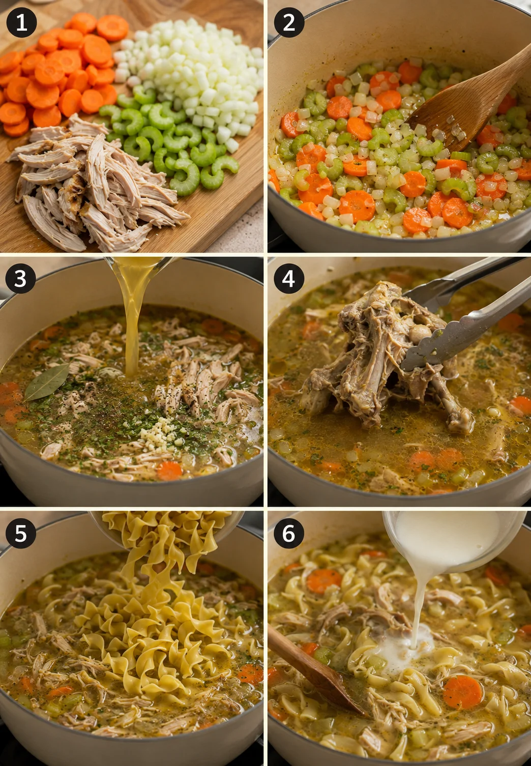 Step-by-step photos of preparing hearty rotisserie chicken noodle soup.
