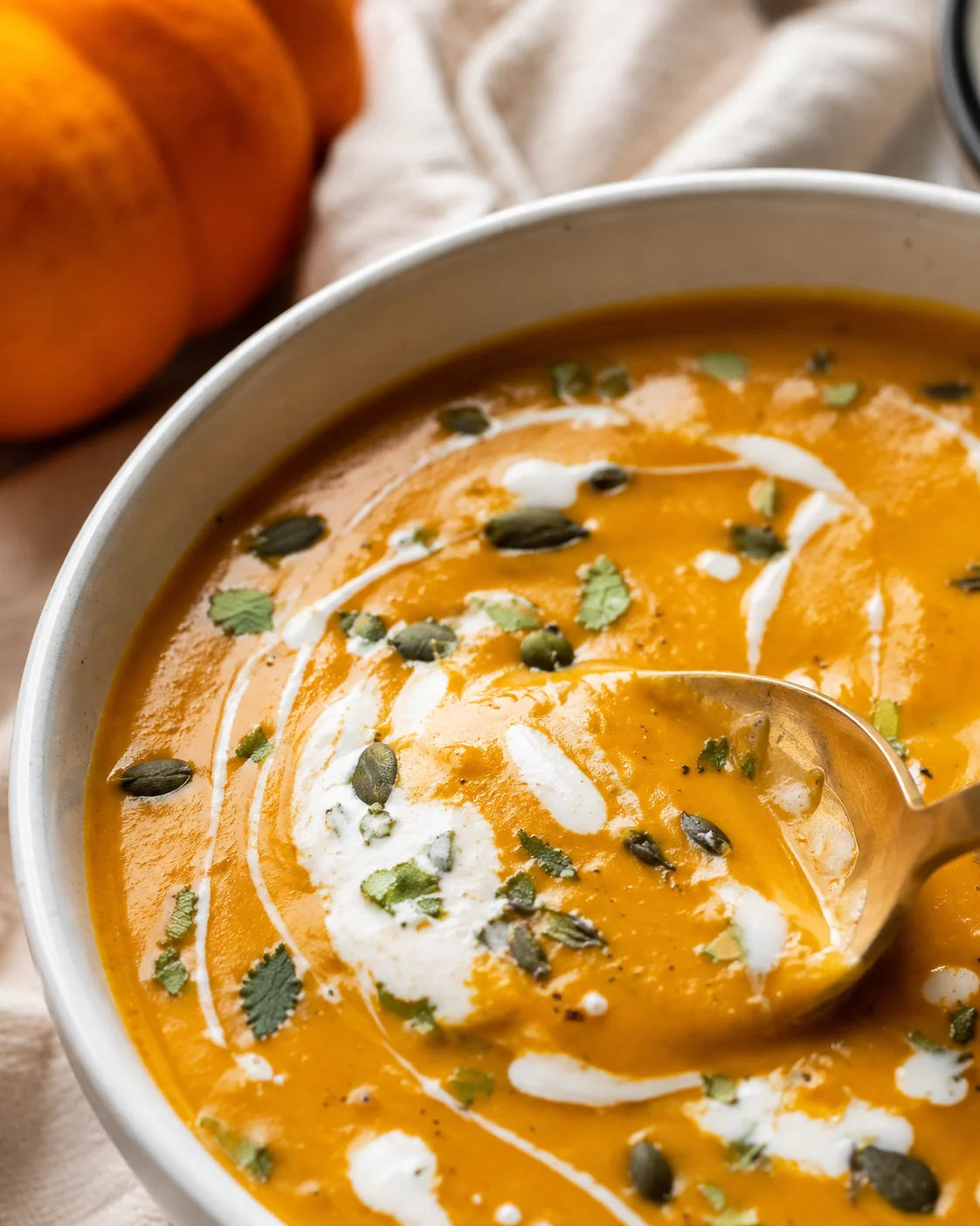 A bowl of rich pumpkin curry soup topped with coconut milk, pumpkin seeds, and cilantro.