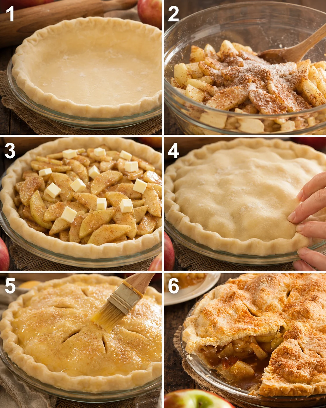 Step-by-step images of preparing and baking a homemade apple pie.