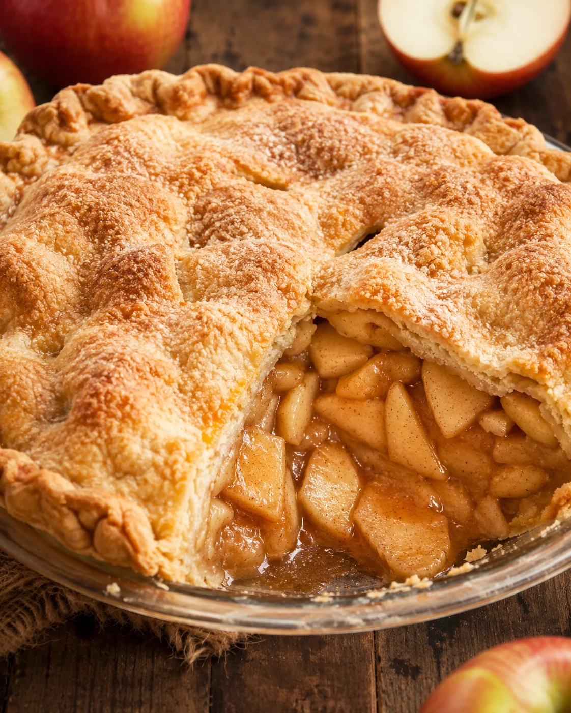 Golden flaky apple pie filled with cinnamon-spiced apple slices fresh from the oven.