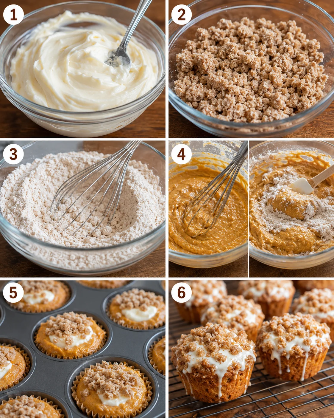 Step-by-step images of making pumpkin cream cheese muffins with streusel topping.