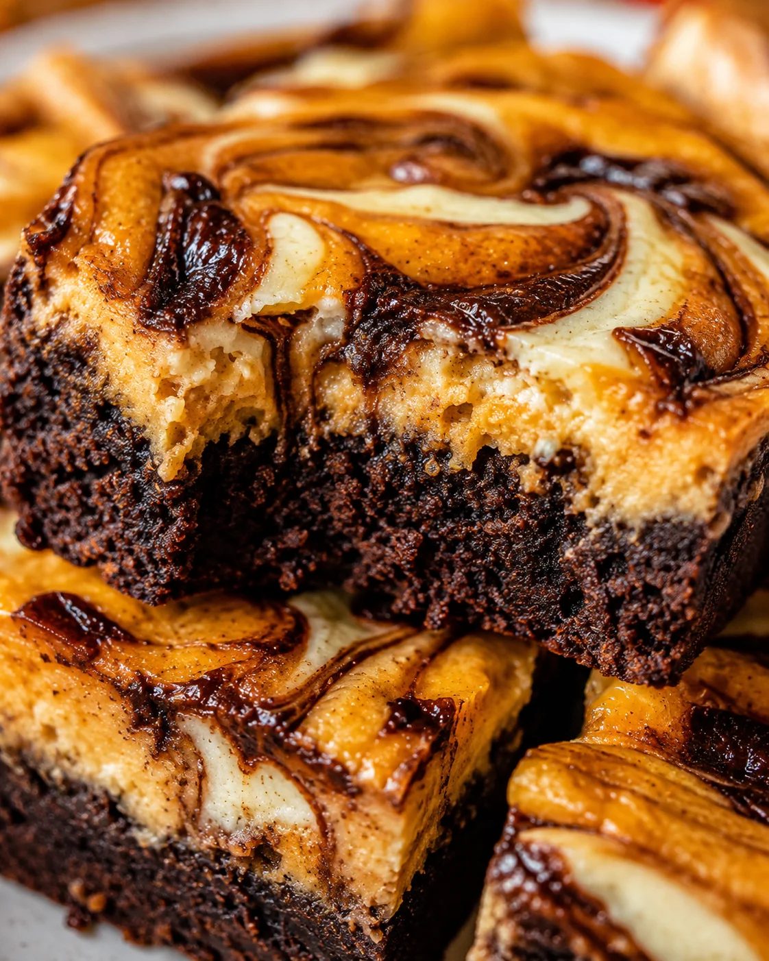 Decadent pumpkin cheesecake brownies with marbled orange and white topping