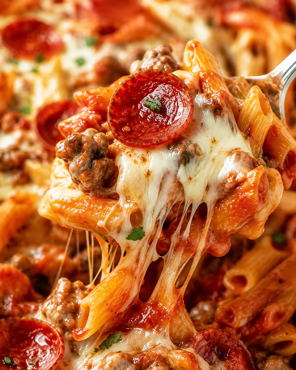 Close-up of a flavorful pizza pasta bake with melted cheese and pepperoni slices