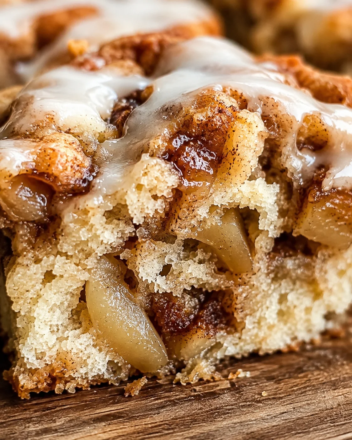 Close-up of a slice of cinnamon apple cake with walnuts and glaze.