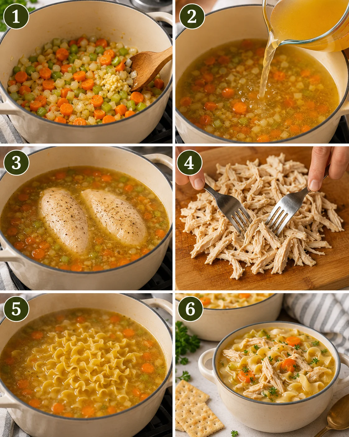 Warm, comforting chicken noodle soup with vegetables and tender shredded chicken.