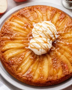 Delicious apple upside down cake with caramelized apples and creamy topping.