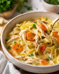 Close-up of comforting chicken noodle soup in a bowl with carrots and herbs