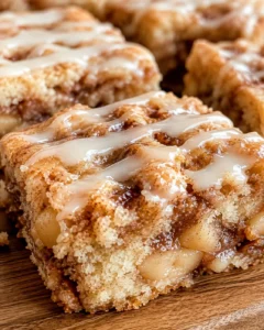 Close-up of a freshly baked cinnamon apple cake with a glaze topping.