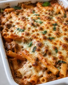 Close-up of a cheesy baked ziti casserole with melted cheese and herbs garnishing.