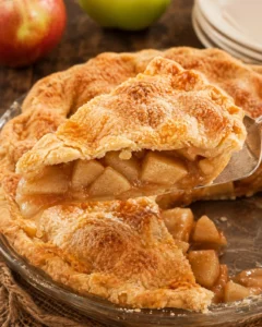 Slice of homemade apple pie with warm cinnamon-spiced filling and flaky crust