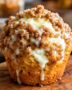 Close-up of a freshly baked pumpkin muffin topped with streusel and cream cheese