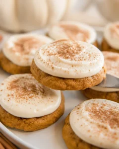 Delicious soft pumpkin cookies topped with creamy frosting and cinnamon dusting
