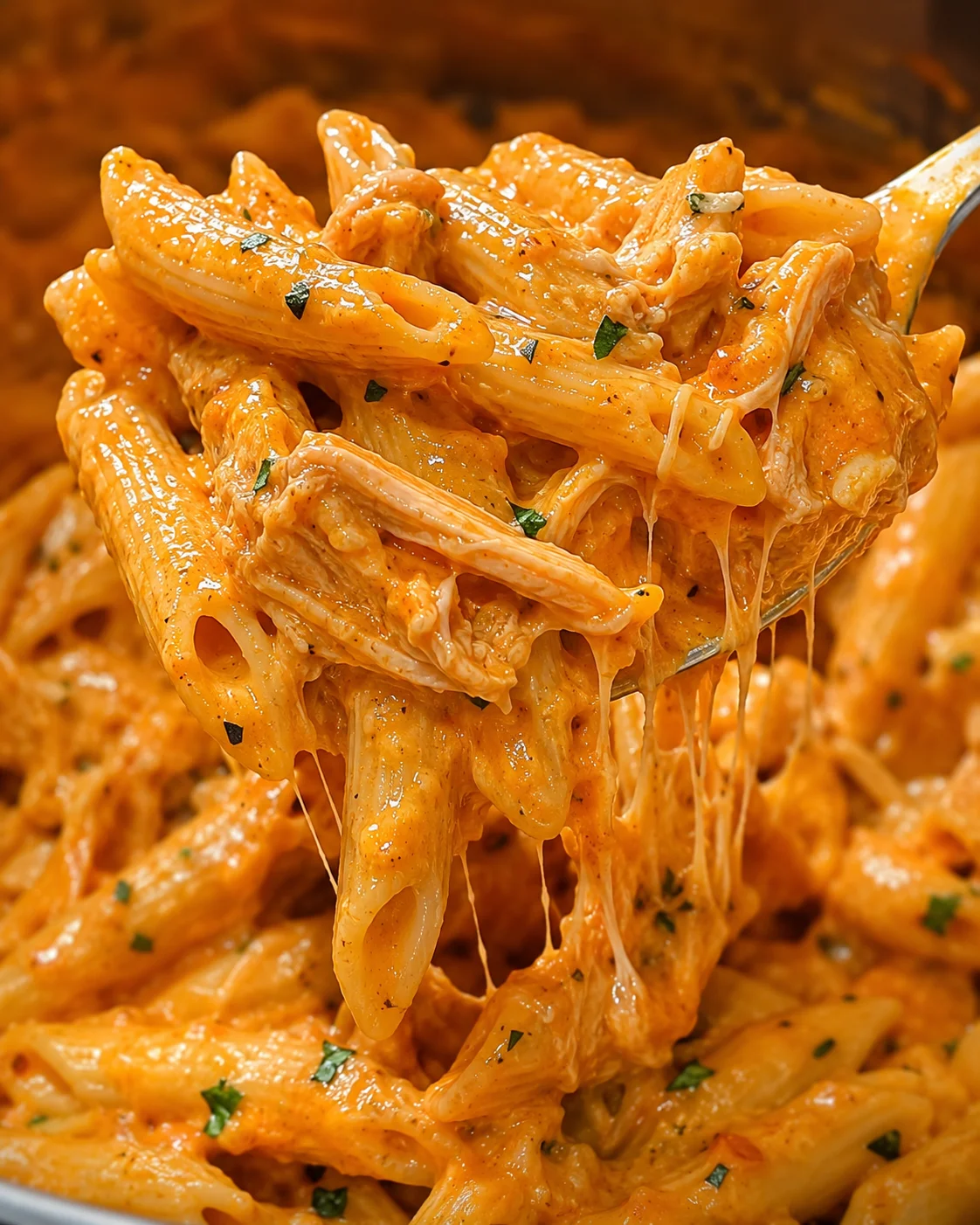 Close-up of creamy buffalo chicken pasta with melted cheese and herbs