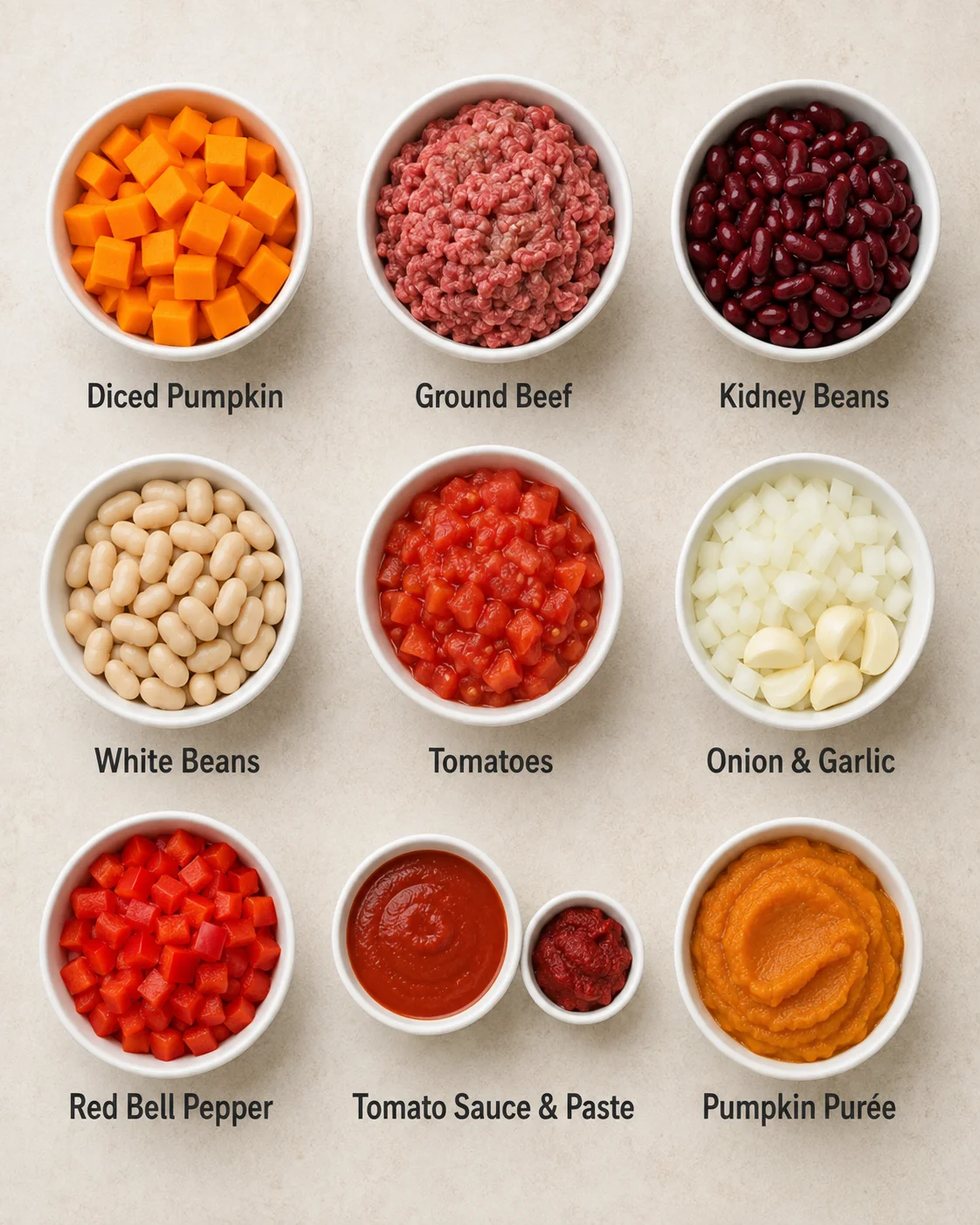 Assortment of fresh pumpkin, ground beef, beans, and vegetables for chili
