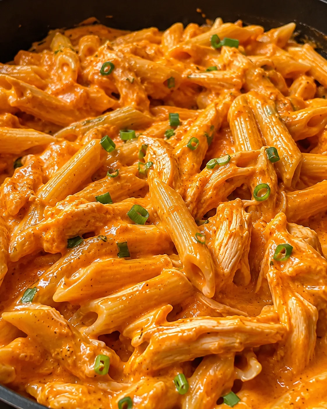 Close-up of creamy buffalo chicken pasta with green onions on top