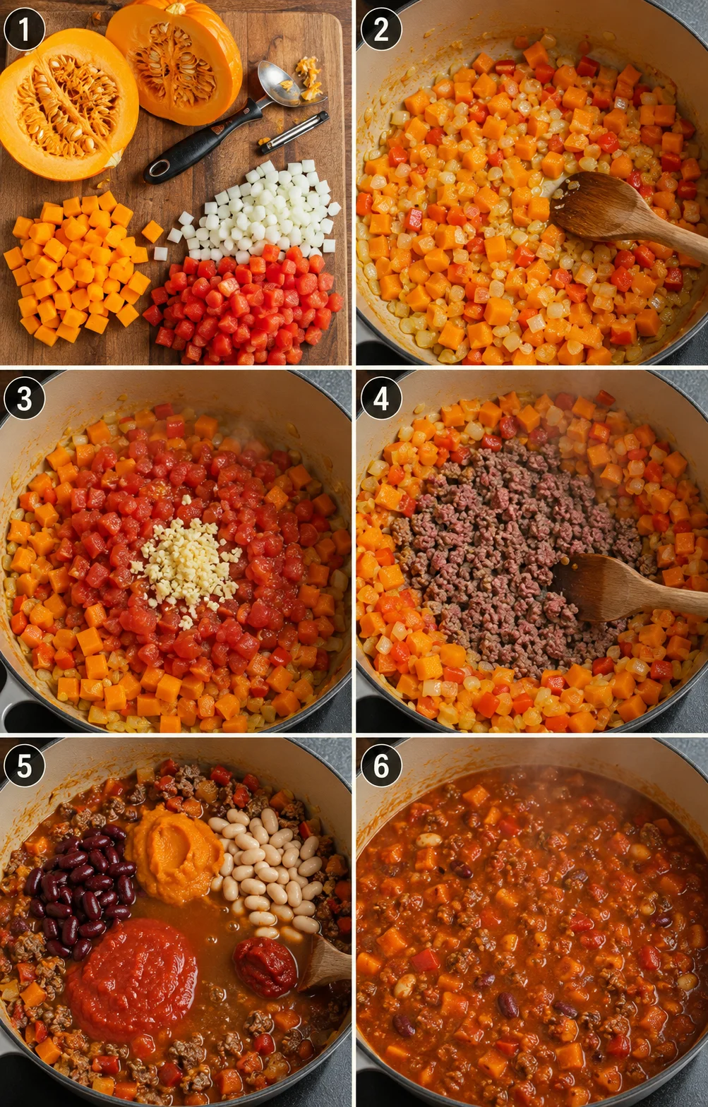 Step-by-step photos of making hearty pumpkin chili with vegetables and spices.