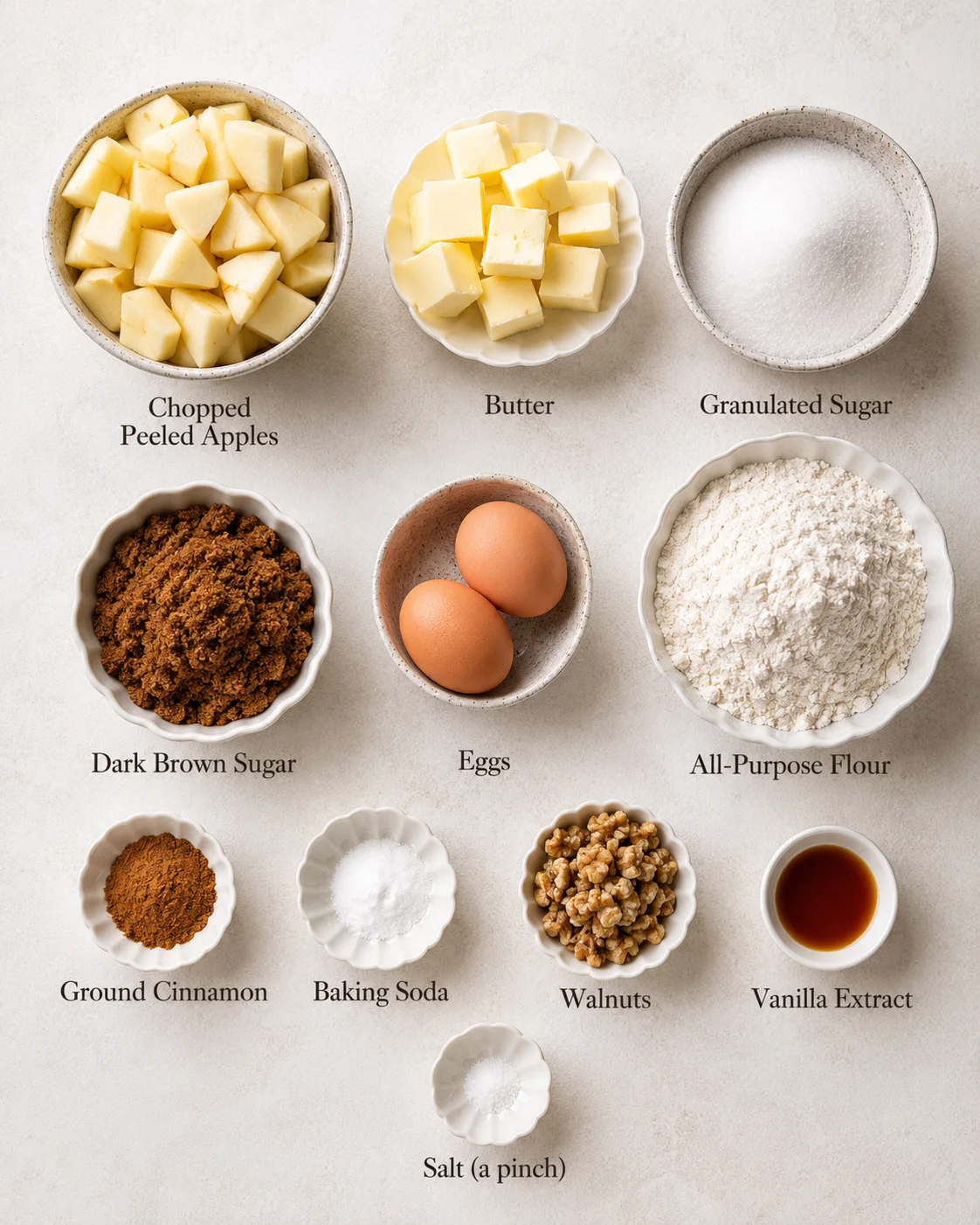 Bowls of chopped apples, butter, sugar, eggs, flour, and spices for cake