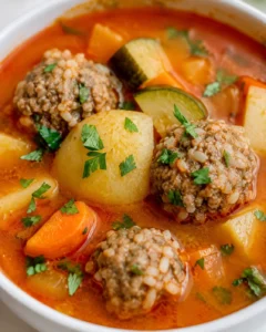 Bowl of albondigas soup with beef and rice meatballs, potatoes, carrots, zucchini and cilantro