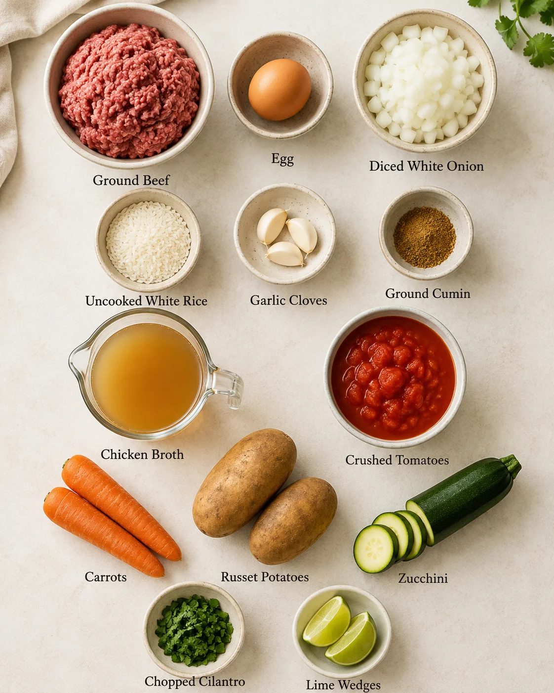 Top-down layout of ingredients for albondigas soup including ground beef, rice, onion, egg, broth, tomatoes, potatoes, carrots, zucchini, cilantro and lime