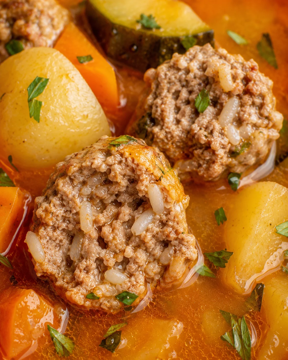 Interior detail of an albondigas meatball showing rice and seasoned beef in broth