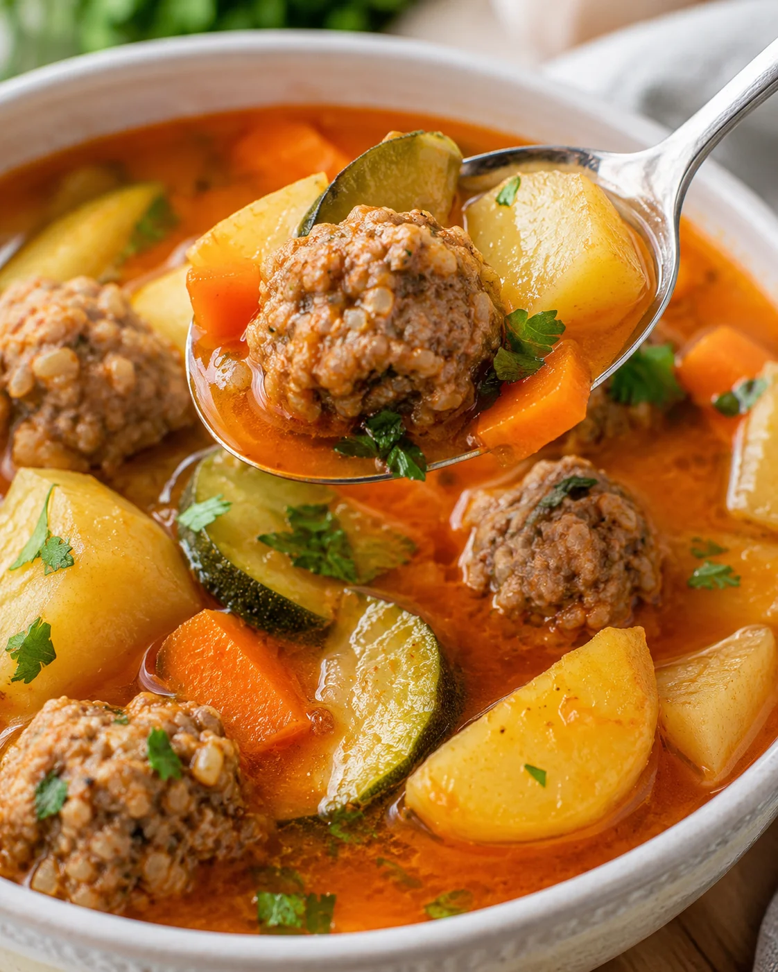 Spoon lifting a meatball and potato from a bowl of albondigas soup