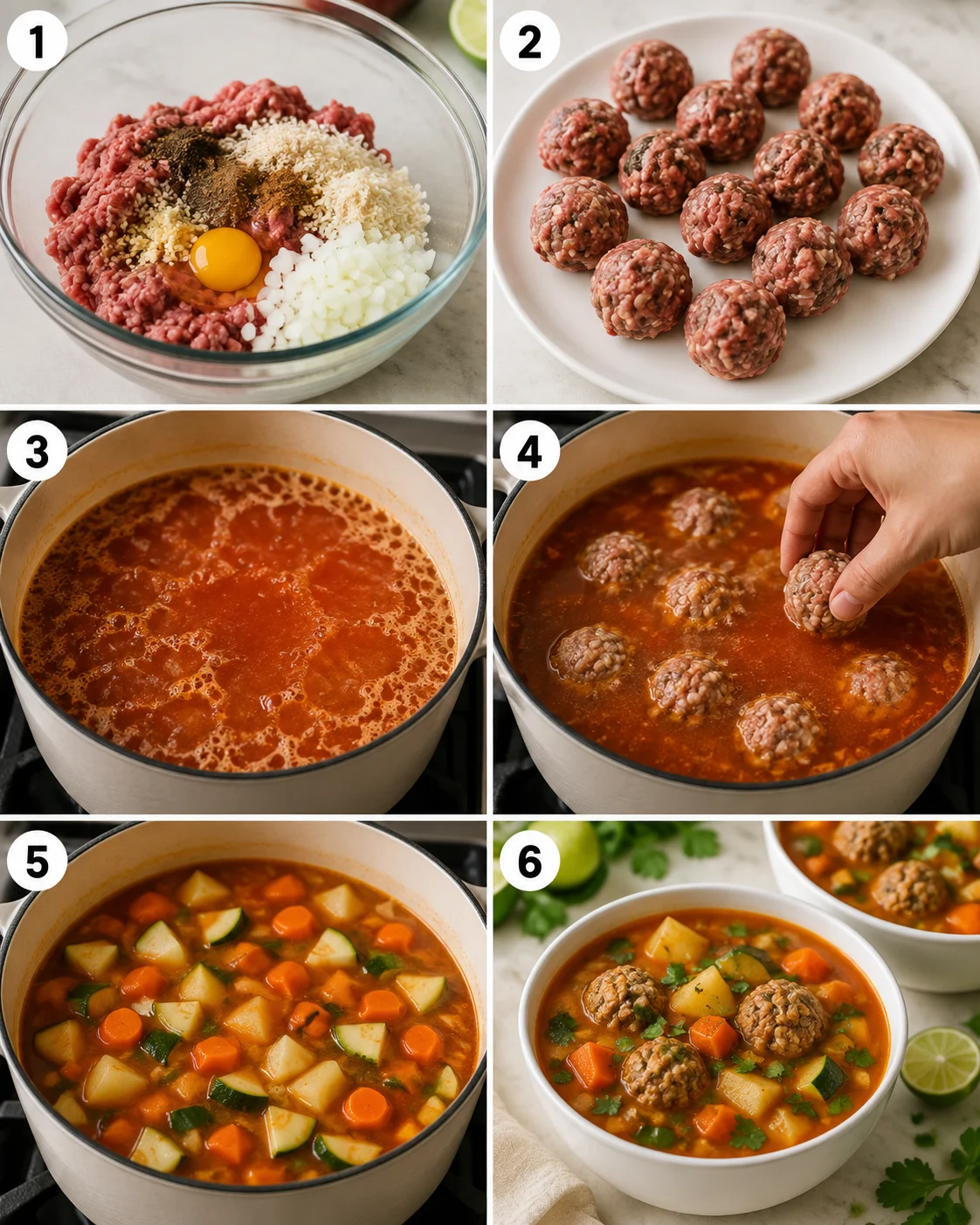 Six-step collage showing mixing meatball ingredients, rolling meatballs, boiling broth, adding meatballs, simmering vegetables, and finished soup bowls