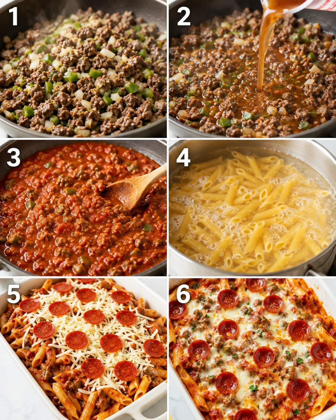 Step-by-step images of preparing and baking a flavorful pizza pasta dish.