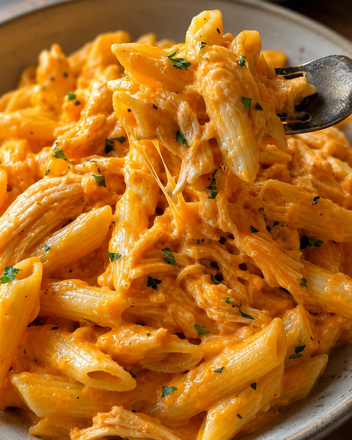 Close-up of creamy buffalo chicken pasta with melted cheese and herbs