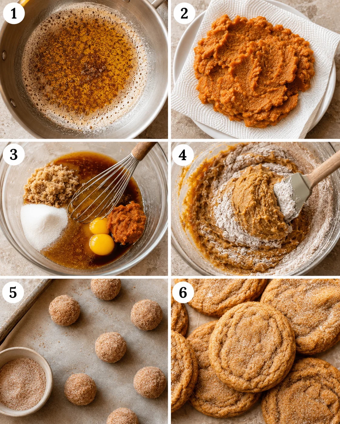 Steps to make chewy pumpkin snickerdoodle cookies with brown butter and pumpkin spice.