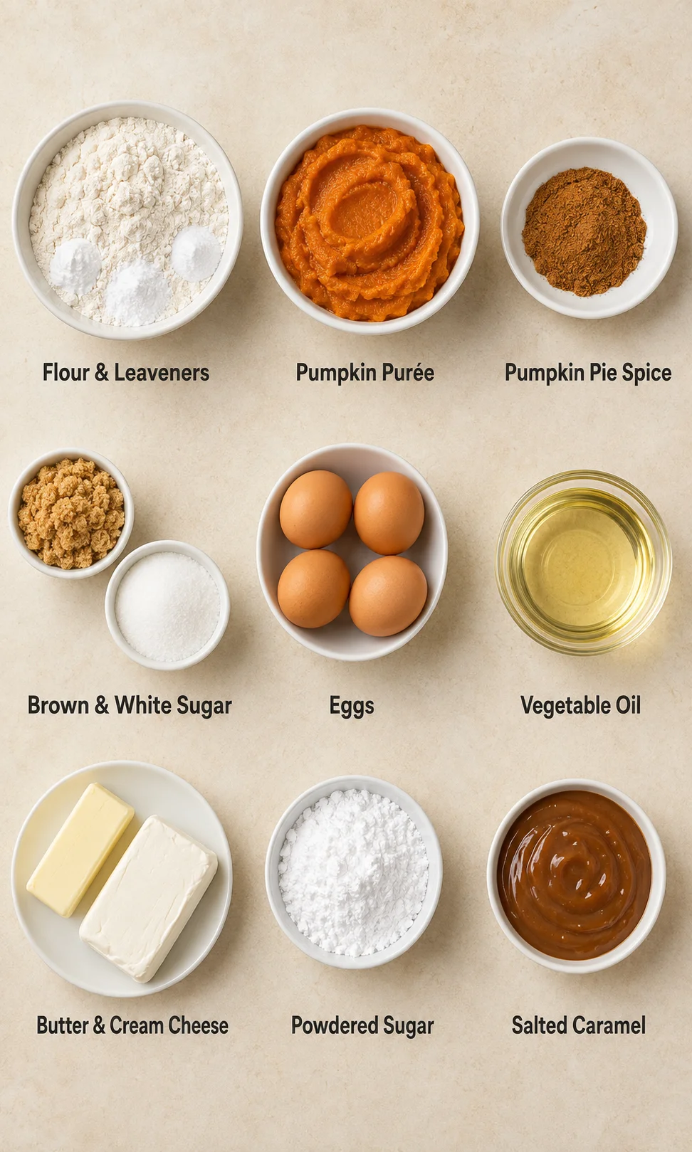 Ingredients for pumpkin cake with caramel cream cheese frosting displayed on a beige surface.