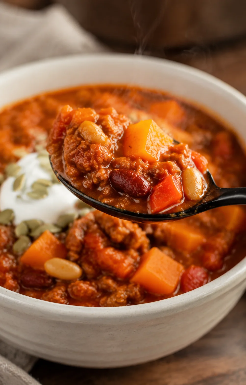 A bowl of hearty pumpkin chili with vegetables and beans, served hot.