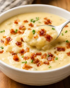 Bowl of baked potato soup with a spoonful of creamy potato, bacon, and chives