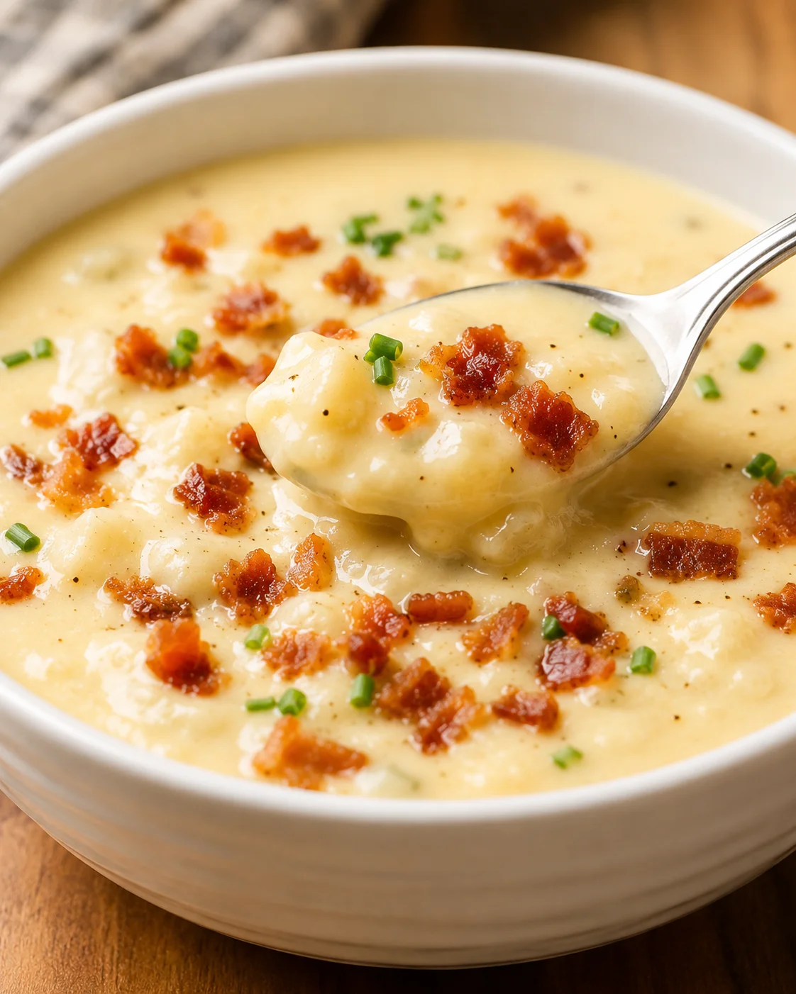 Bowl of baked potato soup with a spoonful of creamy potato, bacon, and chives