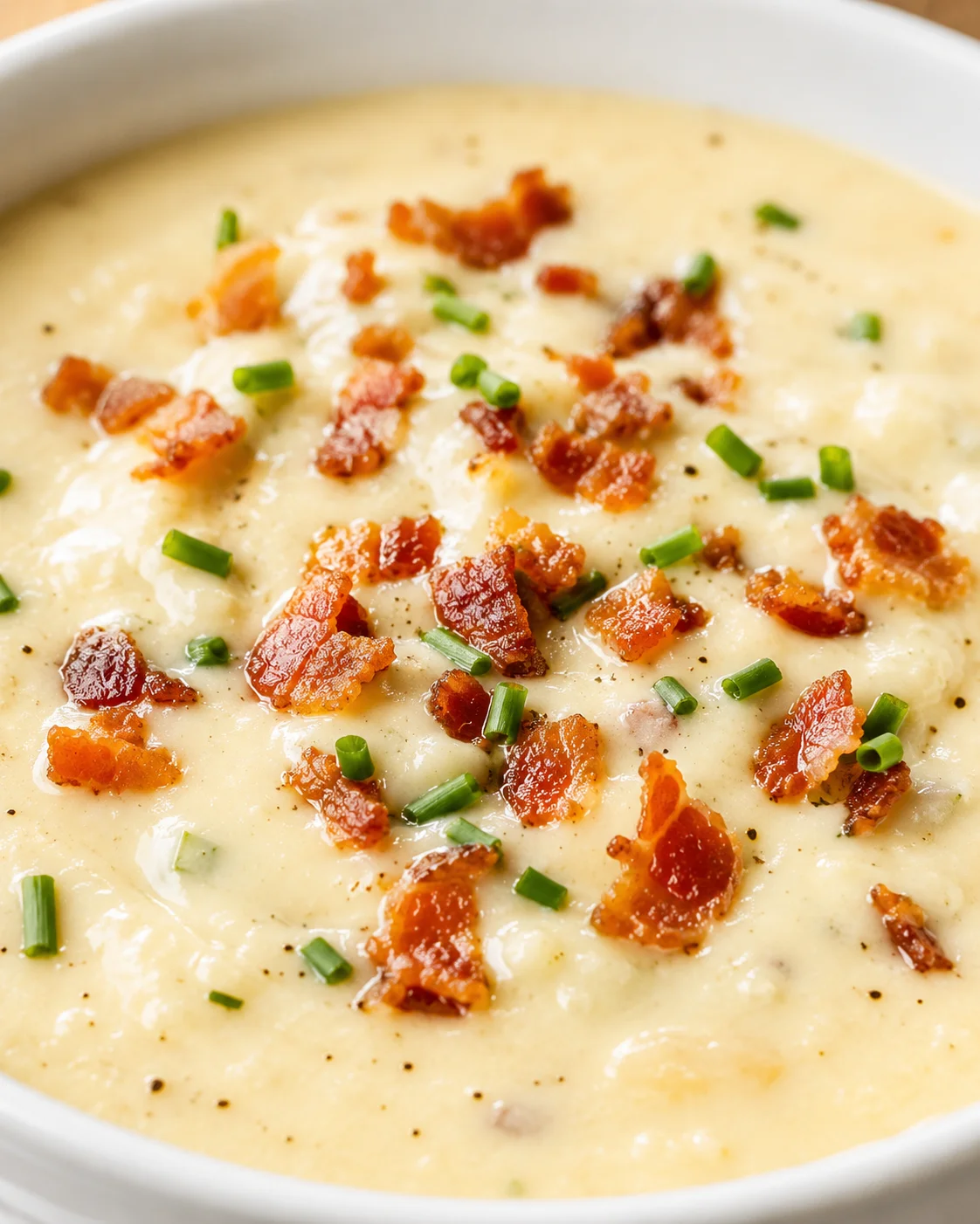 Close-up detail of baked potato soup surface showing bacon crumbles and chopped chives