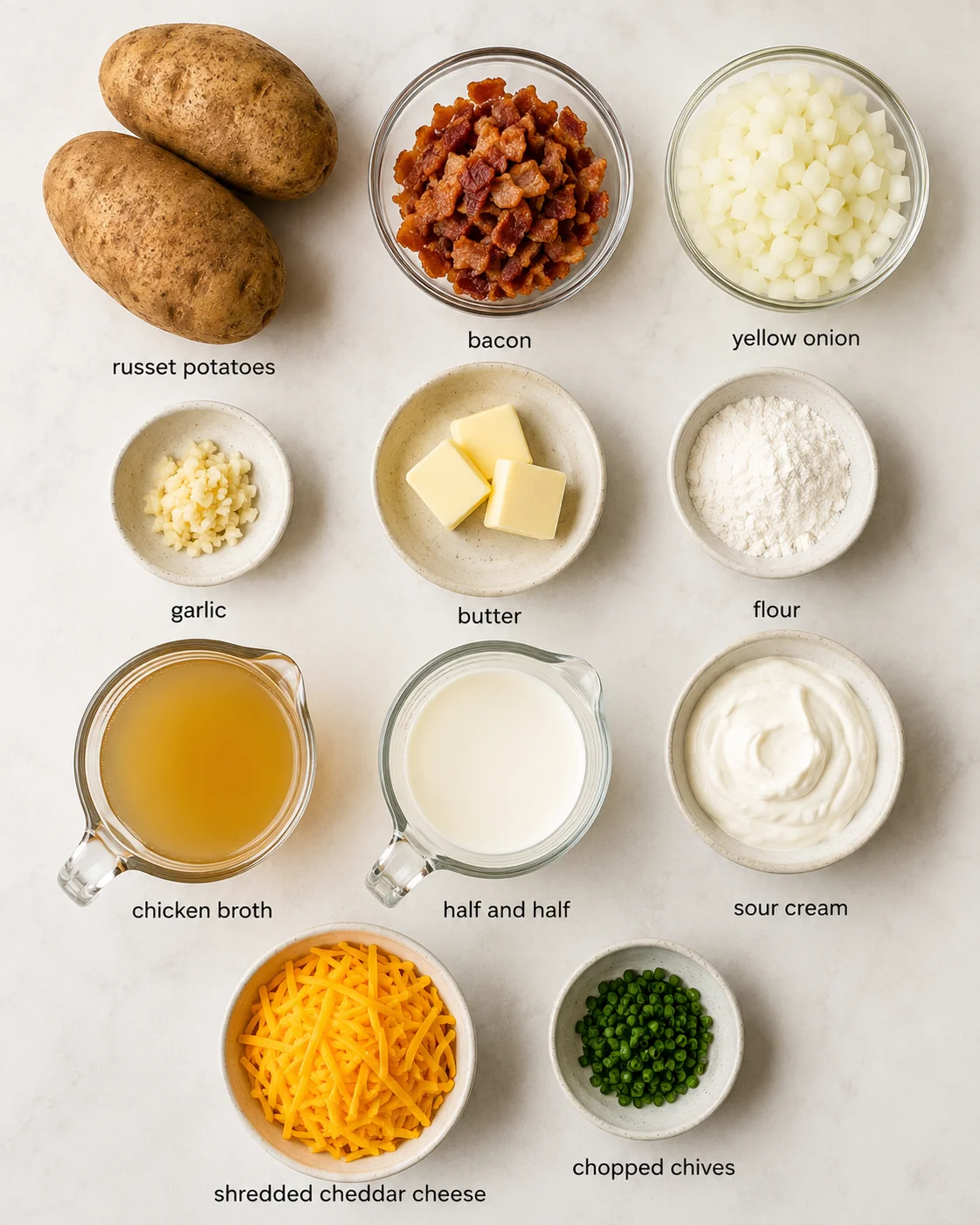 Top-down view of ingredients for baked potato soup arranged and labeled, including potatoes, bacon, onion, cheese, dairy, and broth