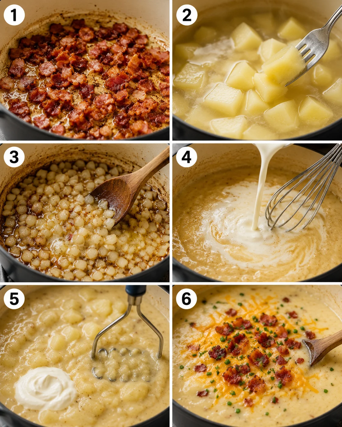 Six-panel step-by-step photos showing cooking bacon, boiling potatoes, sautéing onions, adding cream, mashing, and finishing the soup