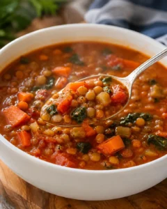 Bowl of best lentil soup with a spoonful lifted, showing lentils, carrots, tomatoes, and greens