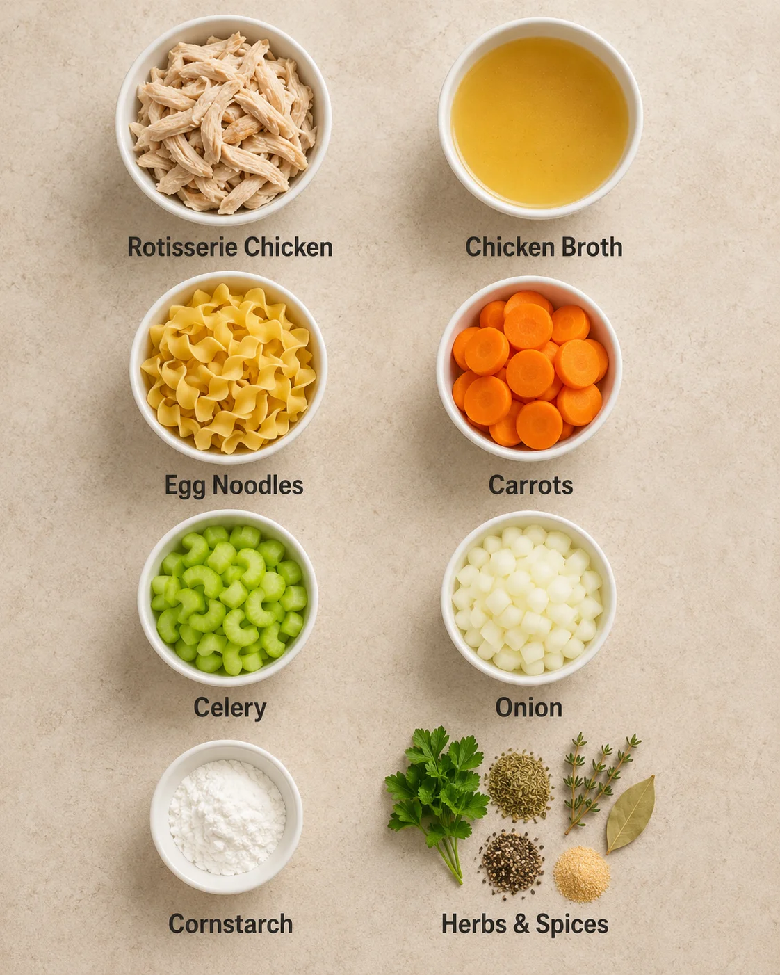Various fresh ingredients for hearty rotisserie chicken noodle soup