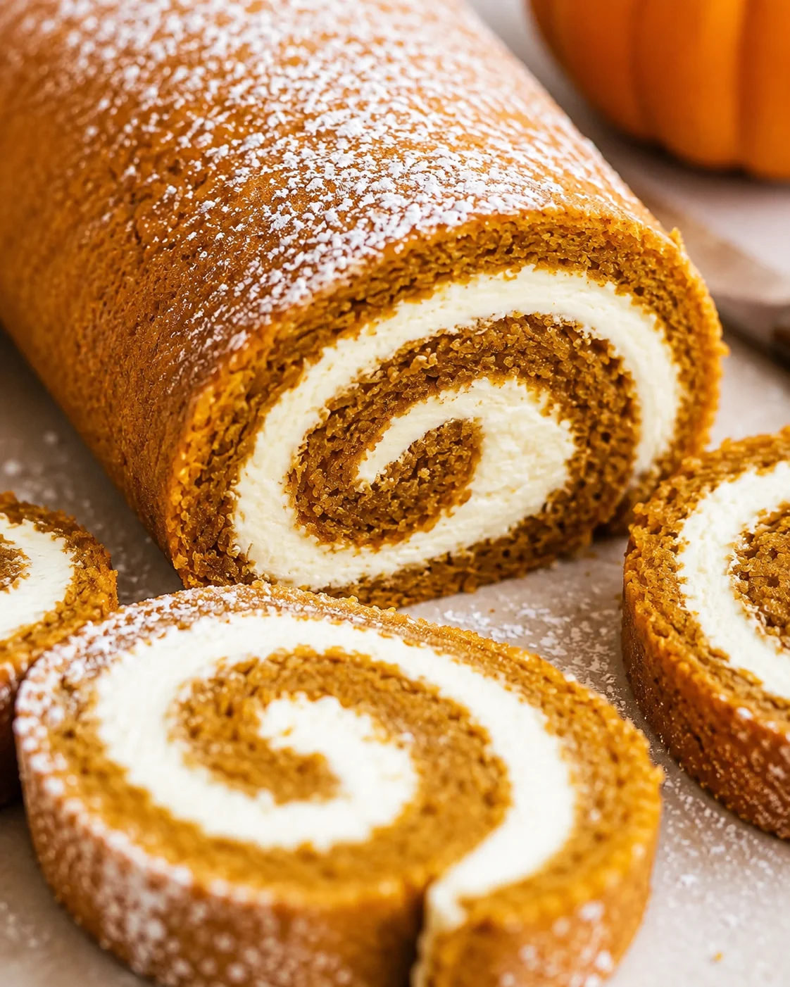 Close-up of a beautifully rolled pumpkin cake with cream cheese filling dusted with powdered sugar.