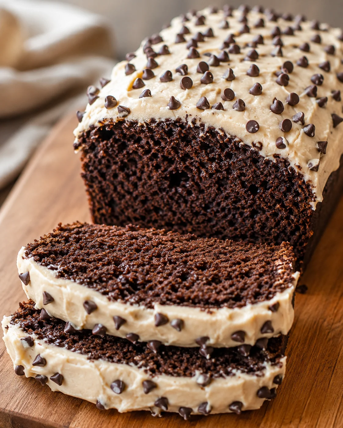 Close-up of moist chocolate pumpkin bread topped with chocolate chips