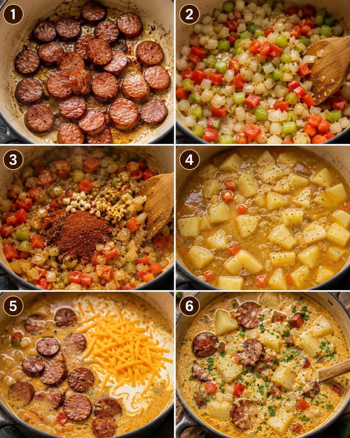 Collage of step-by-step cooking photos for Cajun potato soup showing sausage browning, sautéed vegetables, spices, simmering potatoes, adding cheese and cream,,