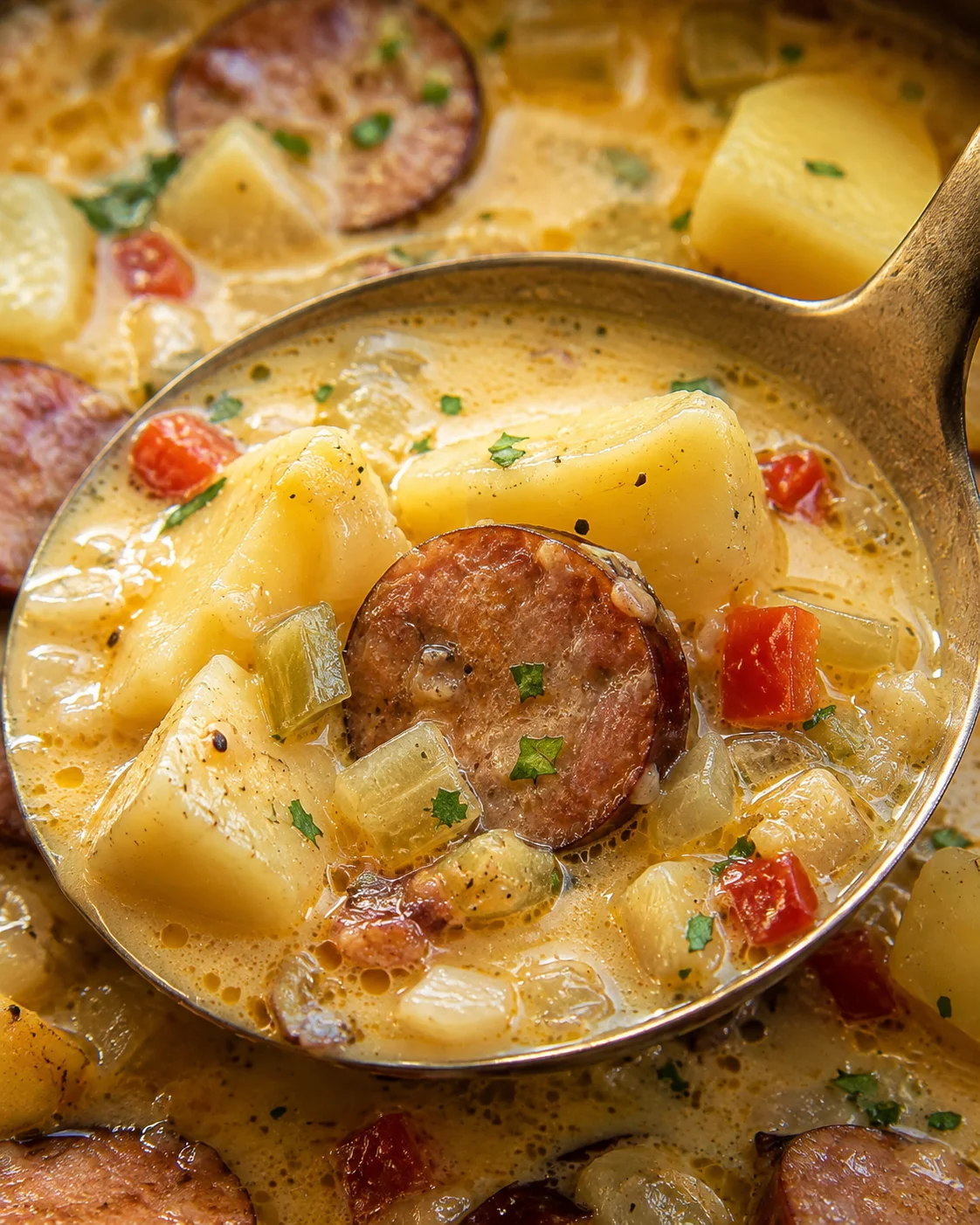 Close-up ladle of Cajun potato soup showing sausage, potato, diced vegetables and creamy broth