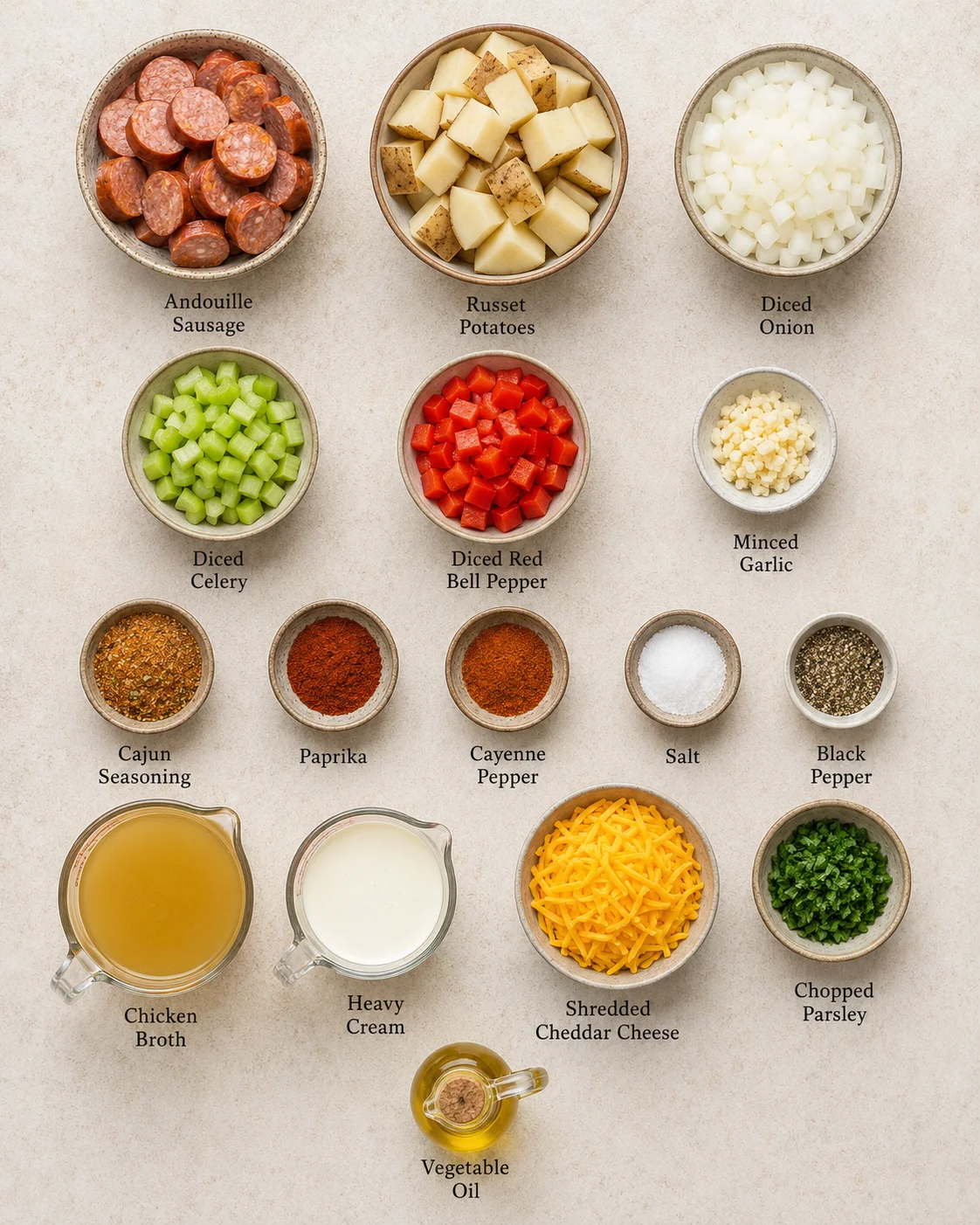 Top-down arrangement of ingredients for Cajun potato soup including andouille, potatoes, onion, celery, bell pepper, spices, broth, cream and cheddar