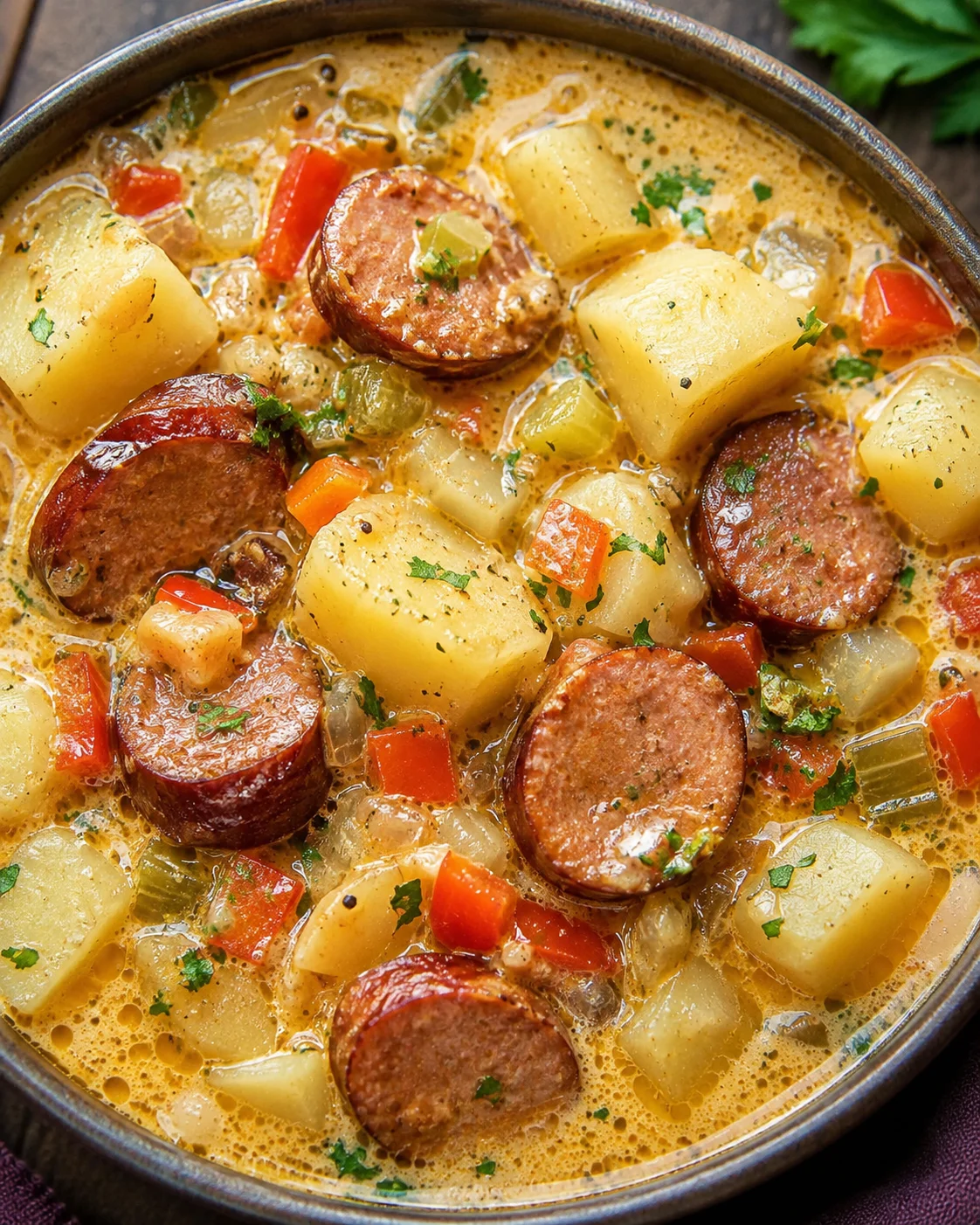 Overhead view of Cajun potato soup with andouille sausage, potato chunks, red pepper, and creamy broth