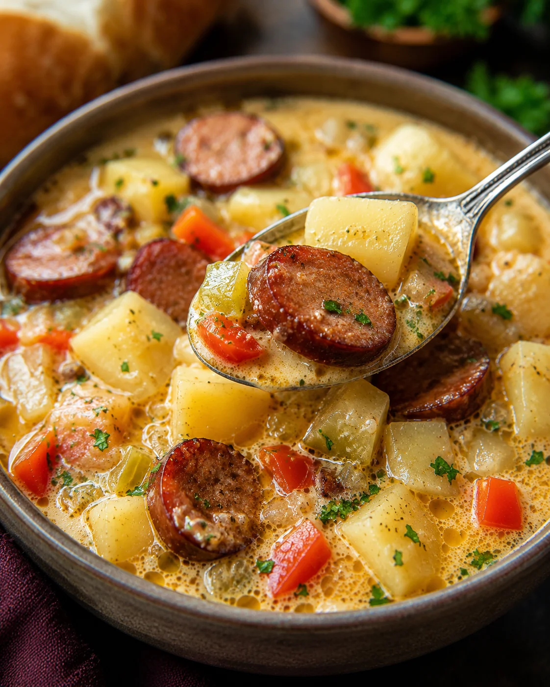 Spoon lifting a bite of Cajun potato soup with an andouille slice and potato cube above the bowl